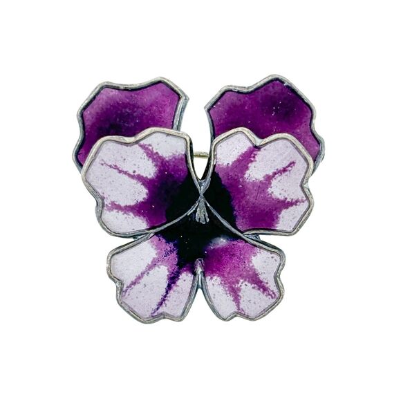 David Anderson D-A Norway Sterling Silver Purple Enamel Pansy Flower Brooch Pin - Picture 1 of 5